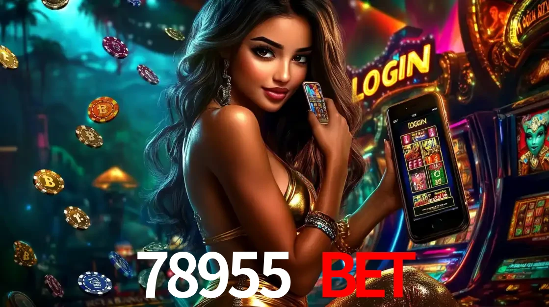 Mulher em um cenário de cassino temático de aventura, mostrando o app de caça-níqueis da 78955 BET no celular. Fichas de apostas flutuam ao redor.